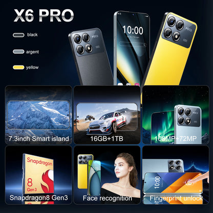 X6 Pro Smartphone 5G 7,3 cala HD 22G + 2TB Telefon komórkowy Dual SIM Telefony komórkowe 7800mAh Telefony komórkowe odblokowane Wersja globalna Celulares