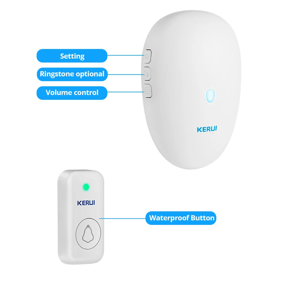 KERUI M521 Bezprzewodowy dzwonek do drzwi na zewnątrz 57 piosenek Zasięg 300 m Inteligentny dzwonek do drzwi do domu Dzwonek 433 MHz Wodoodporny przycisk Plug and Play