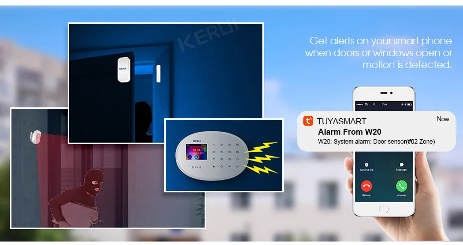 Zestaw alarmowy KERUI W204 4G GSM WIFI Tuya Smart Home Alarm Współpraca z Alexą Asystentem Google Kamera bezpieczeństwa Czujnik ruchu