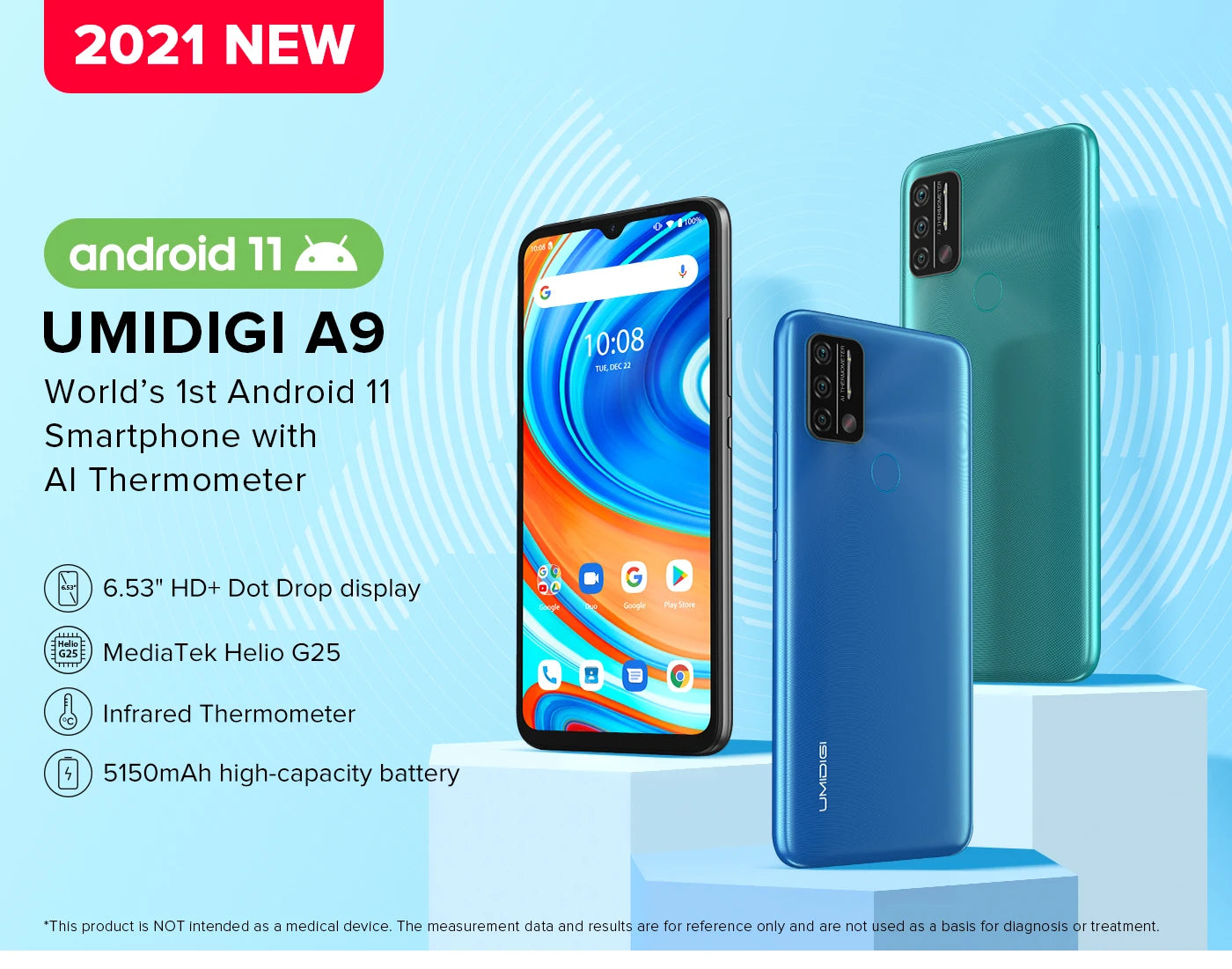 UMIDIGI A9 Smartphone Android 11 Global Version 13MP AI Triple Camera Helio G25 Octa Core 6.53" HD+ 5150mAh Cellphone