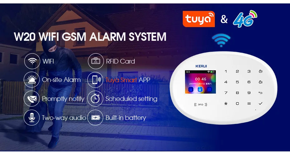 KERUI Alarm System Kit 4G GSM WIFI Tuya Smart Home Alarm Work With Alexa Google Assistant Security Camera Door Sensor Siren