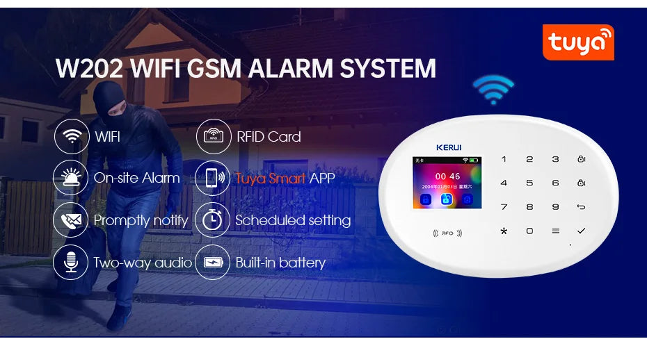 KERUI Home Security Protection W202 WIFI GSM System alarmowy Kit Tuya Smart z czujnikiem ruchu Czujnik otwarcia drzwi Obsługa Alexa