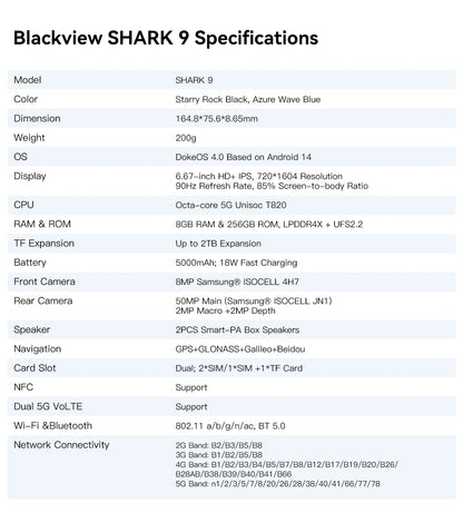 【Światowa premiera】Blackview SHARK 9 5G Smartfon 6,67'' HD+ IPS 90Hz Wyświetlacz NFC 50MP AI Główny aparat GPS Android 14 Telefon komórkowy