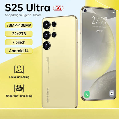 Nowe telefony komórkowe S25 Ultra 7.3 HD Ekran Smartfon Oryginalny 22G+2T 5G Dual Sim Telefony Android Odblokowany 78MP+108MP 7800mAh