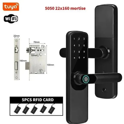 Electronic Smart Door Lock Tuya Wifi With Biometric Fingerprint / Smart Card / Password / Key Unlock/ USB Emergency Charge