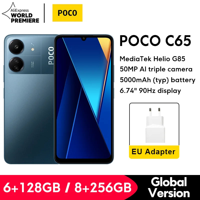 Wersja globalna POCO C65 NFC 6 GB + 128 GB / 8 GB + 256 GB MediaTek Helio G85 6,74" 90 Hz Wyświetlacz 50 MP Potrójny aparat Bateria 5000 mAh