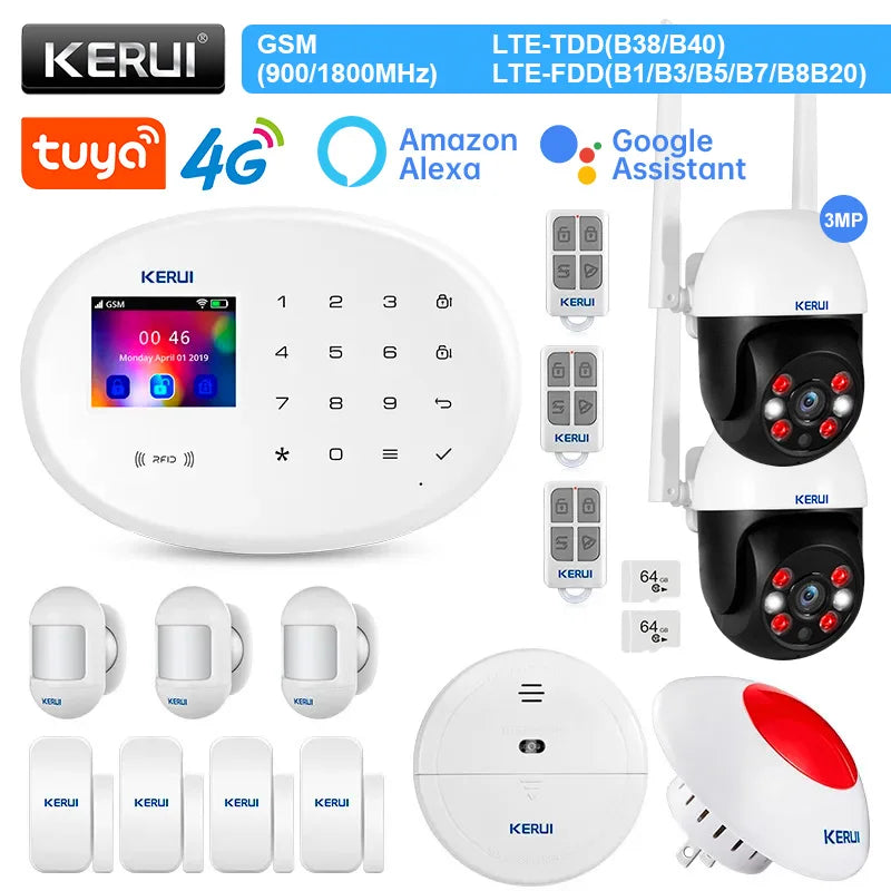 KERUI Alarm System Kit 4G GSM WIFI Tuya Smart Home Alarm Work With Alexa Google Assistant Security Camera Door Sensor Siren