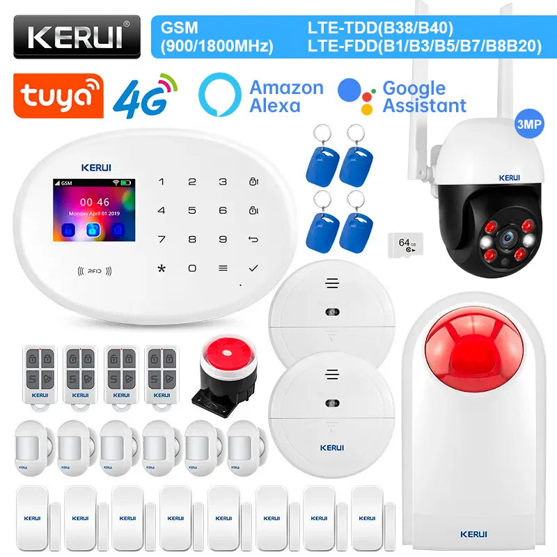 KERUI Alarm System Kit 4G GSM WIFI Tuya Smart Home Alarm Work With Alexa Google Assistant Security Camera Door Sensor Siren