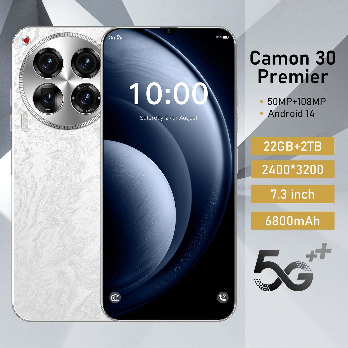 Global version Camon 30 Premier smartphone 7.3Inch HD 2400*3200 22GB+2TB 2400*3200 5G Gaming Phone Dual SIM Phone Snapdragon 888