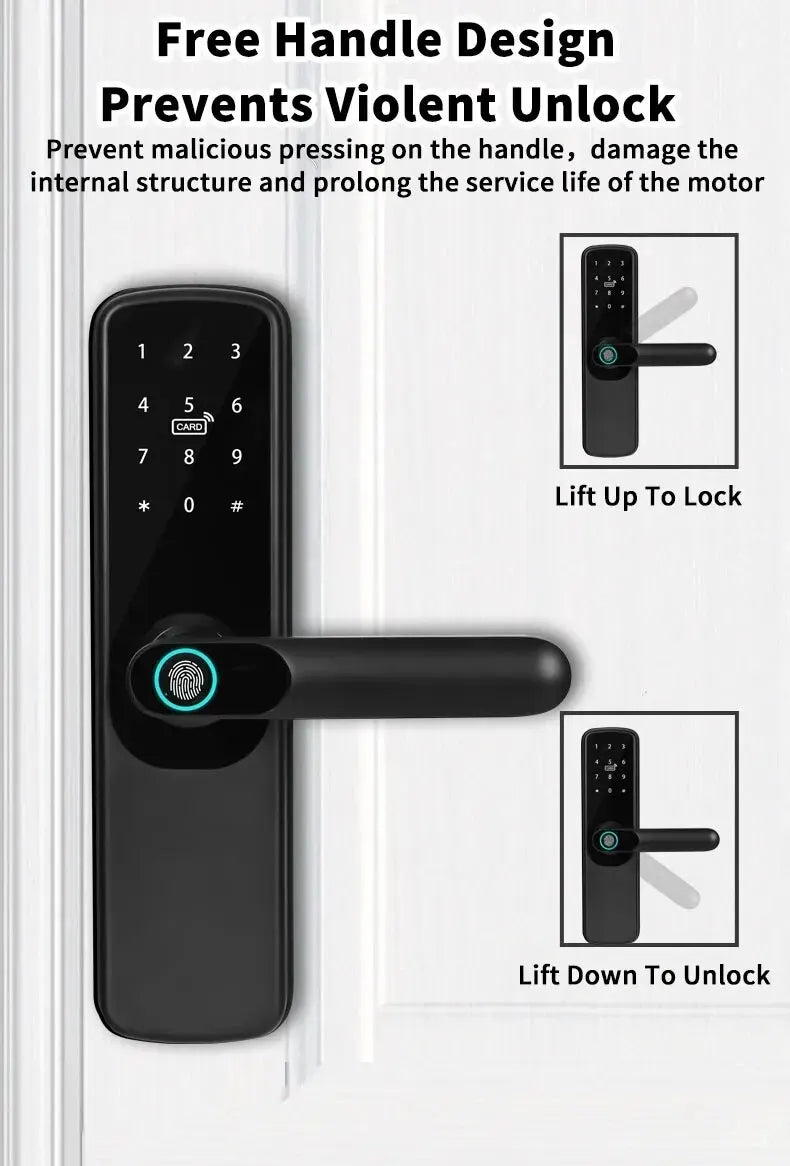 Electronic Smart Door Lock Tuya Wifi With Biometric Fingerprint / Smart Card / Password / Key Unlock/ USB Emergency Charge