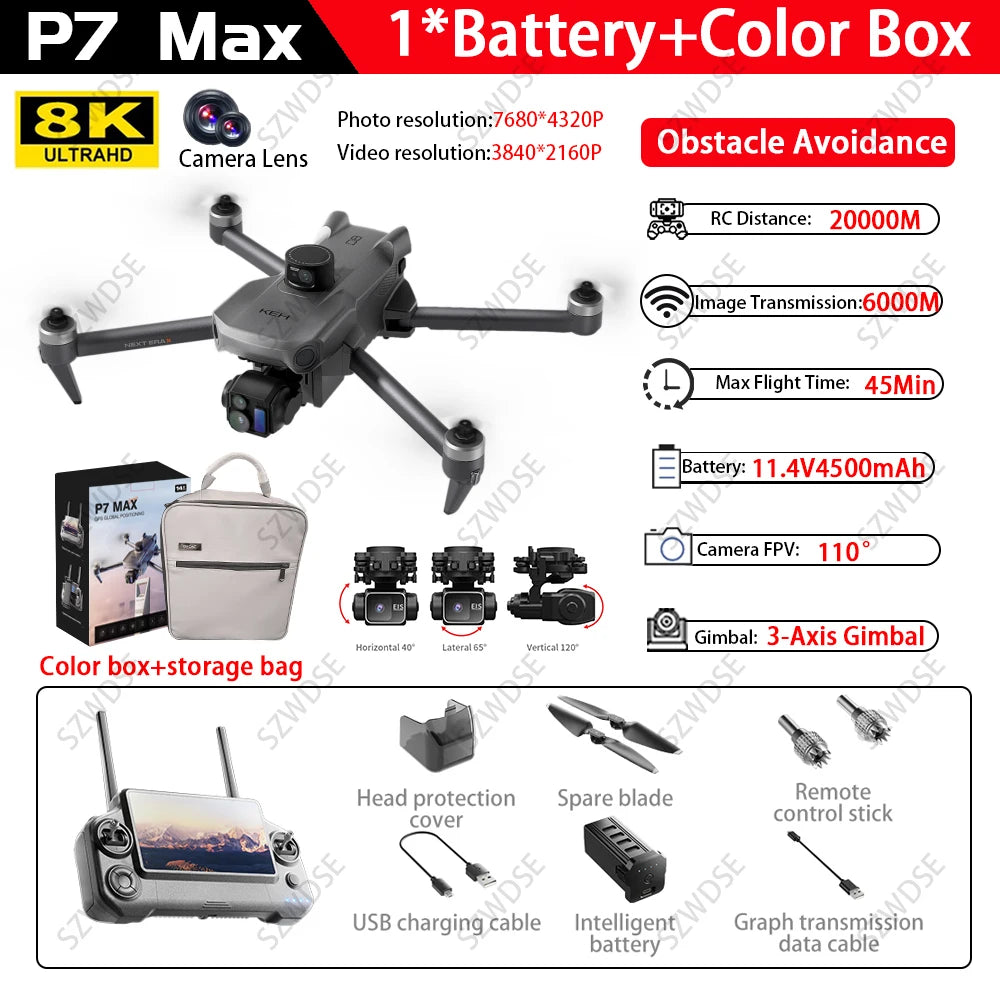 Nowy styl P7 MAX Profesjonalny GPS Dron z kamerą 8K 3-osiowy gimbal 360 Omijanie przeszkód Ekran dotykowy FPV Bezszczotkowy RC Dron