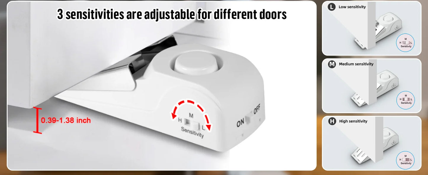 2pcs Door Stop Alarm with 120dB Siren Portable Door Stopper Security Alarm for Home Hotel 3 Levels Sensitivity Door Wedge Alarm