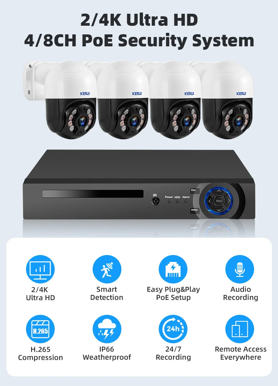 KERUI 4MP 8MP 2K 4K HD Bezprzewodowy system kamer PTZ WIFI IP Security POE 4CH 8CH POE NVR Dwukierunkowy zestaw do monitoringu audio wideo CCTV