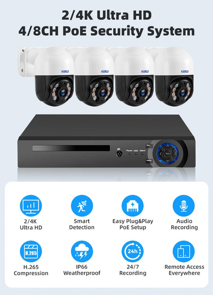 KERUI 4MP 8MP 2K 4K HD Wireless PTZ WIFI IP Security POE Camera System 4CH 8CH POE NVR Two Way Audio Video CCTV Surveillance Kit