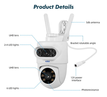 KERUI Outdoor 10MP 5K HD Dual Lens WiFi IP Camera Tuya Smart PTZ Bezprzewodowa ochrona domu CCTV Nadzór wideo Wykrywanie ludzi