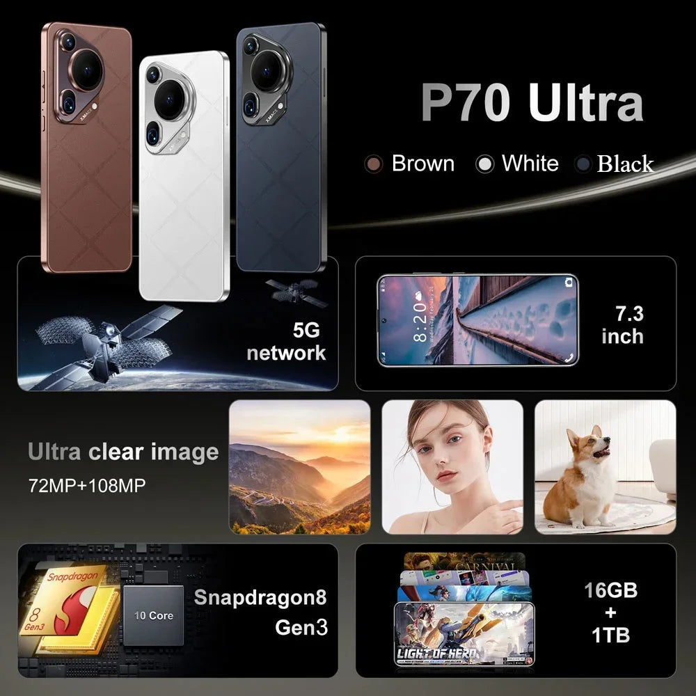 P70 Ultra Smartphone 7.3 cala Globalna wersja Android14 Oryginalny telefon komórkowy Snapdragon 8 gen 3 Telefon komórkowy 5G Dual Sim Telefony komórkowe