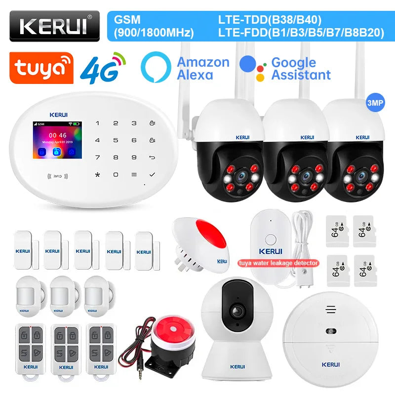 Zestaw alarmowy KERUI W204 4G GSM WIFI Tuya Smart Home Alarm Współpraca z Alexą Asystentem Google Kamera bezpieczeństwa Czujnik ruchu