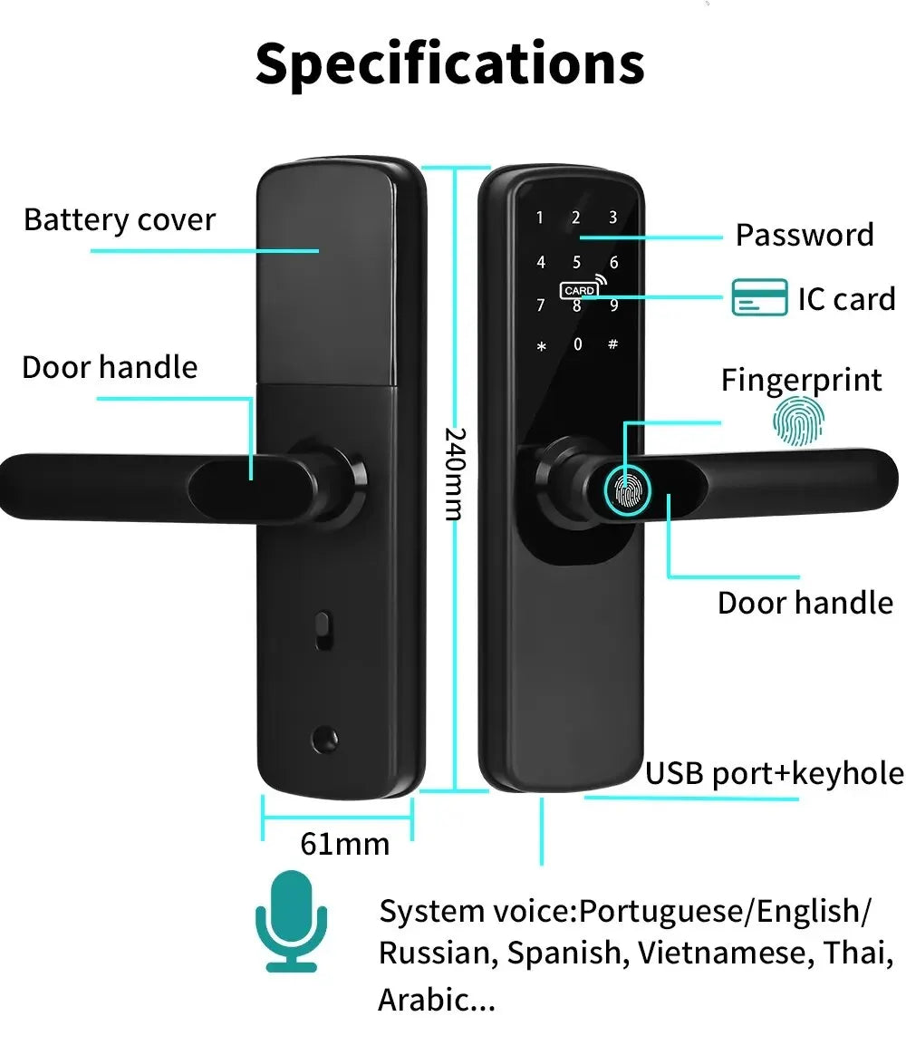 Elektroniczny inteligentny zamek do drzwi Tuya Wifi z biometrycznym odciskiem palca / kartą inteligentną / hasłem / odblokowaniem kluczem / awaryjnym ładowaniem USB