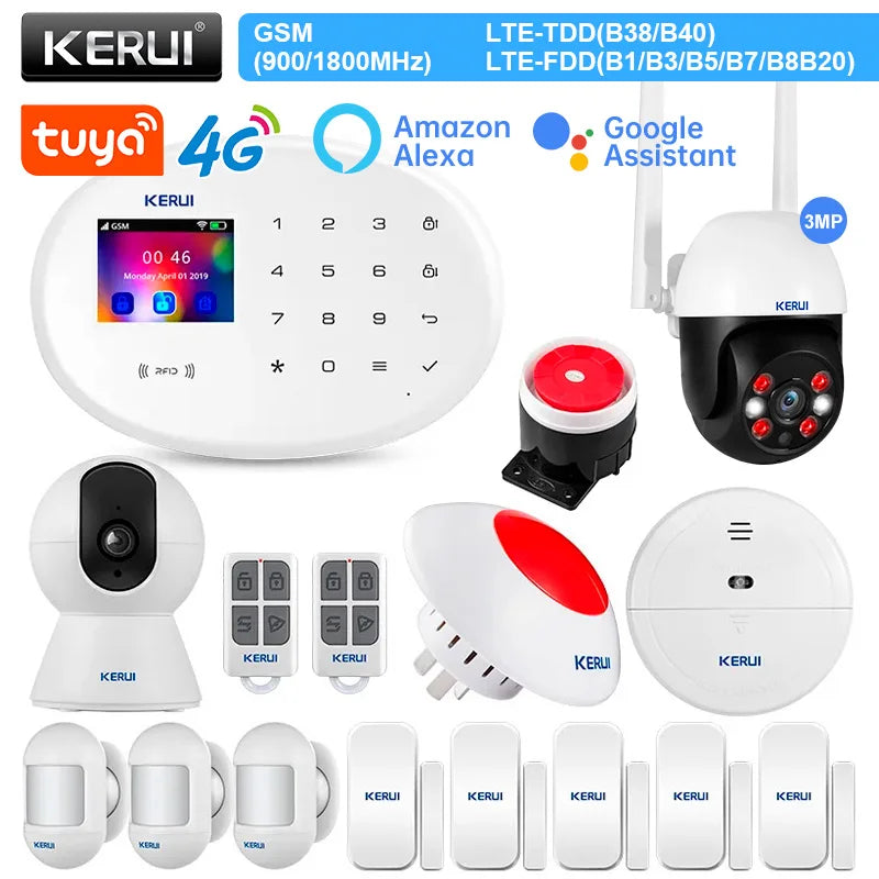 Zestaw alarmowy KERUI W204 4G GSM WIFI Tuya Smart Home Alarm Współpraca z Alexą Asystentem Google Kamera bezpieczeństwa Czujnik ruchu