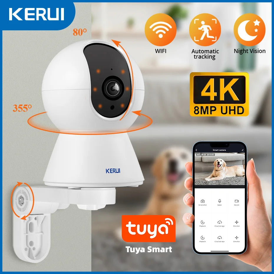 KERUI 4K 8MP Tuya Smart Mini WiFi Kamera IP Automatyczne śledzenie wideo Bezpieczeństwo domowe Nadzór Kot Zwierzęta Pies Kamera Baby Monitor