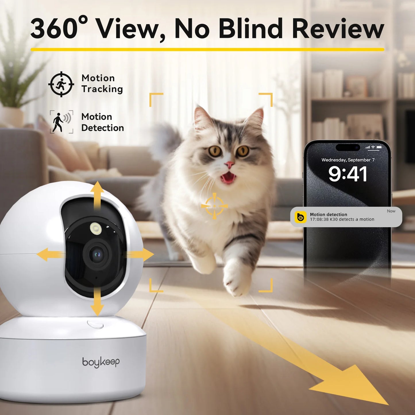 Boykeep 2K Pet Dog Camera with Phone App, 5G/2.4GHz WiFi Indoor Security Baby Camera, 360° Pan & Tilt, 2-Way Audio, Night Vision