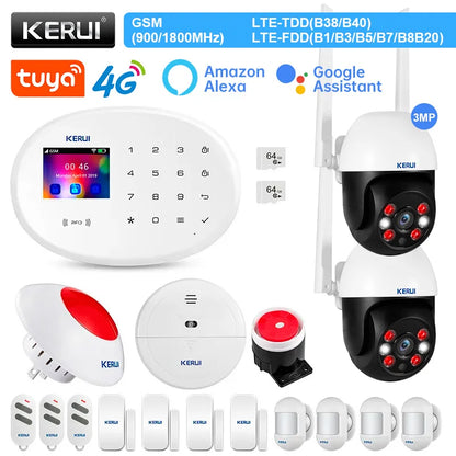 KERUI Alarm System Kit 4G GSM WIFI Tuya Smart Home Alarm Work With Alexa Google Assistant Security Camera Door Sensor Siren