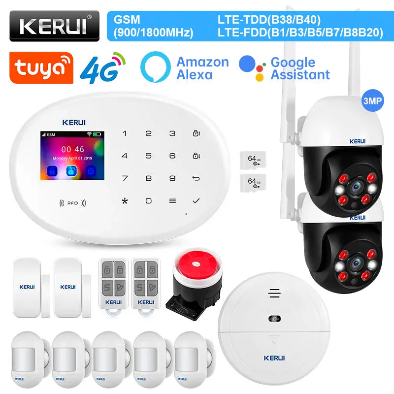 KERUI Alarm System Kit 4G GSM WIFI Tuya Smart Home Alarm Work With Alexa Google Assistant Security Camera Door Sensor Siren