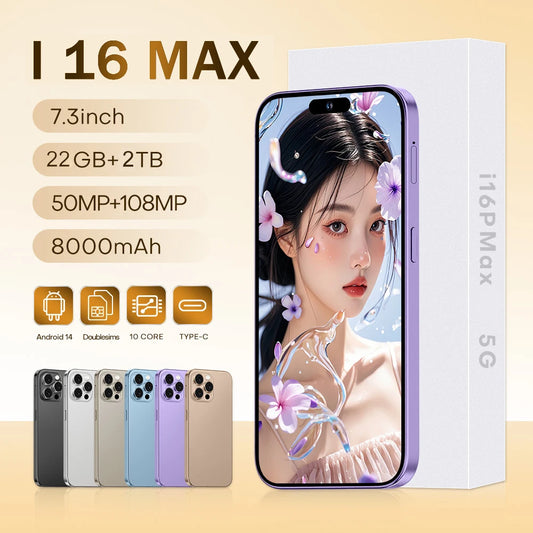 Brand New Original 16GB+1TB For Smartphone 7.3 inch i16 Max Full Screen 4G 5G Cell Phone 8000mAh Mobile Phones Global Version