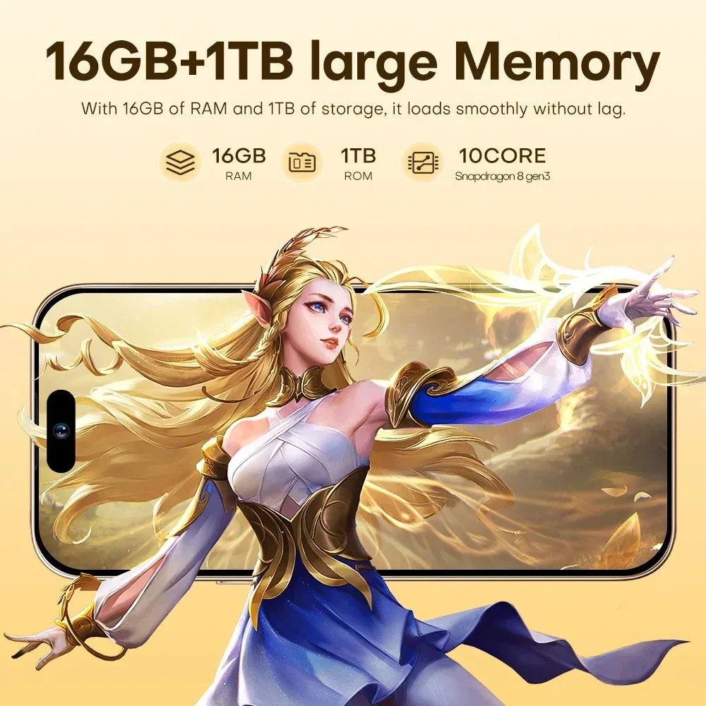 Brand New Original 16GB+1TB For Smartphone 7.3 inch i16 Max Full Screen 4G 5G Cell Phone 8000mAh Mobile Phones Global Version