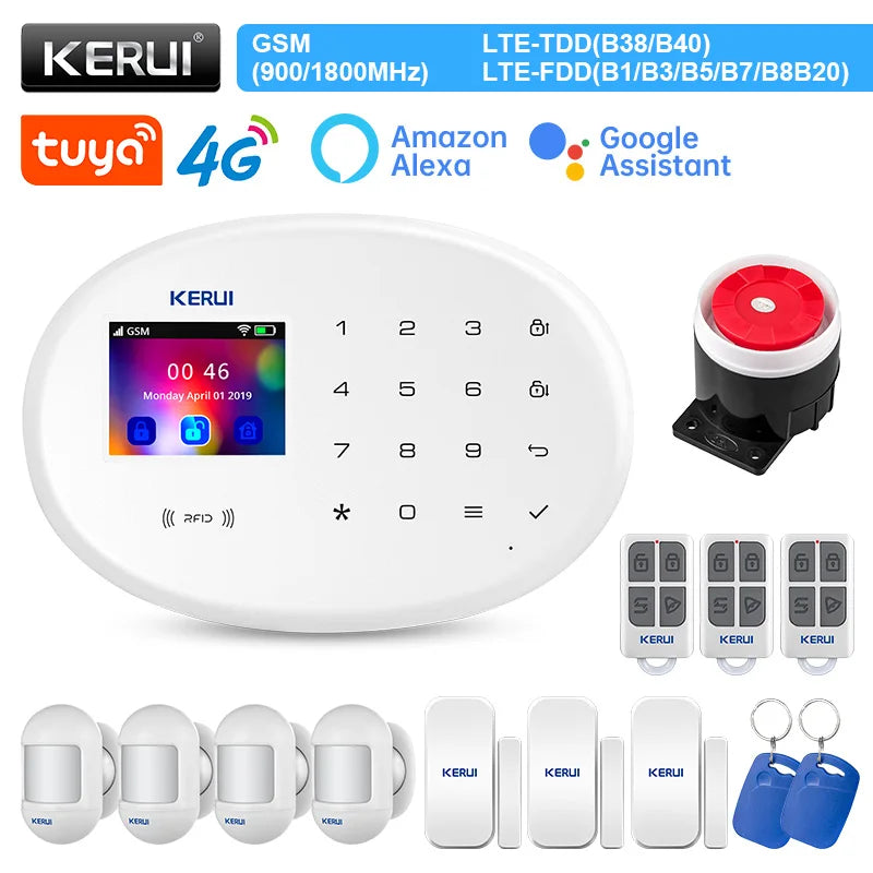 KERUI Alarm System Kit 4G GSM WIFI Tuya Smart Home Alarm Work With Alexa Google Assistant Security Camera Door Sensor Siren