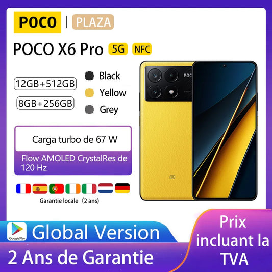 Smartfony POCO X6 Pro 5G, NFC, 120 Hz, potrójny aparat 64 MP z funkcją Bluetooth, ładowanie 67 W, 5000 mAh, lokalna gwarancja, wersja globalna