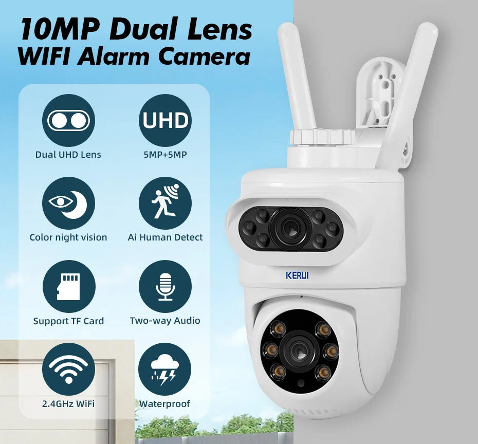 KERUI Outdoor 10MP 5K HD Dual Lens WiFi IP Camera Tuya Smart PTZ Bezprzewodowa ochrona domu CCTV Nadzór wideo Wykrywanie ludzi