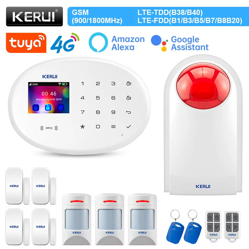 KERUI Alarm System W204 4G Wireless Alarm Panel for House Tuya Smart Home Work With Alexa Opening Door Sensor Motion Detector