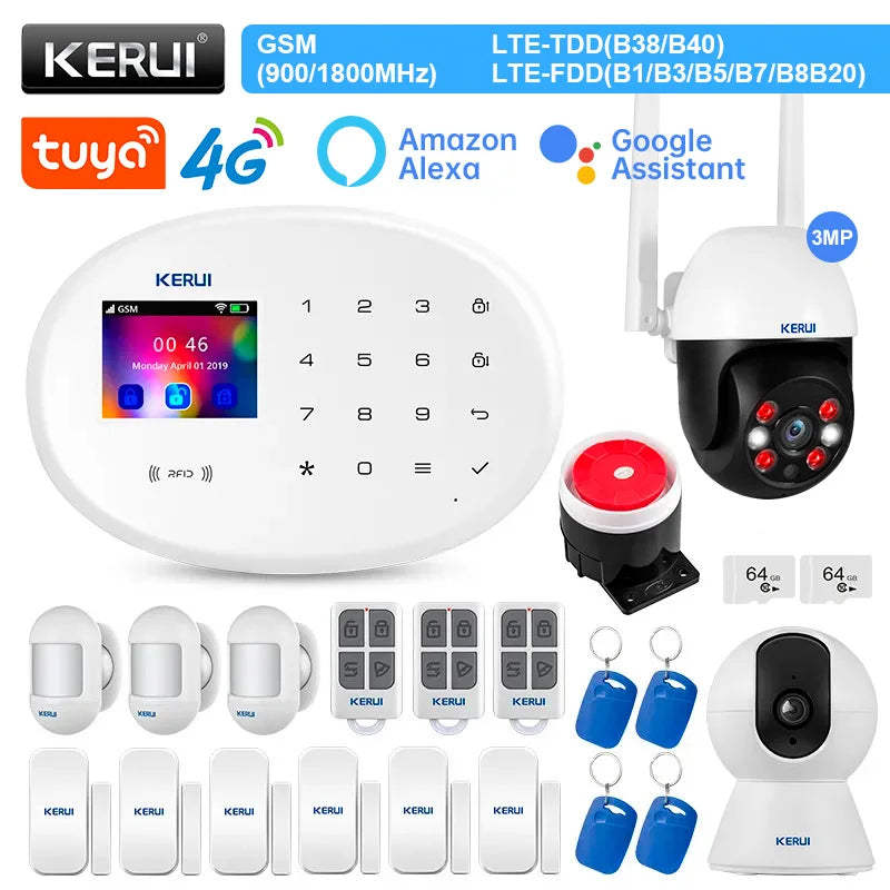 Zestaw alarmowy KERUI W204 4G GSM WIFI Tuya Smart Home Alarm Współpraca z Alexą Asystentem Google Kamera bezpieczeństwa Czujnik ruchu