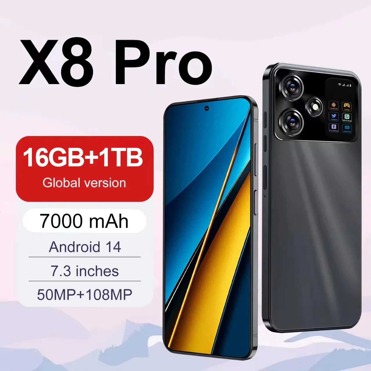 Oryginalny X8 Pro 7,3 cala Ultra HD 16 GB + 1024 GB 108 MP + 50 MP, duża bateria 7000 mAh Android 14 Qualcomm Snapdragon 8 Gen3 Dual SIM