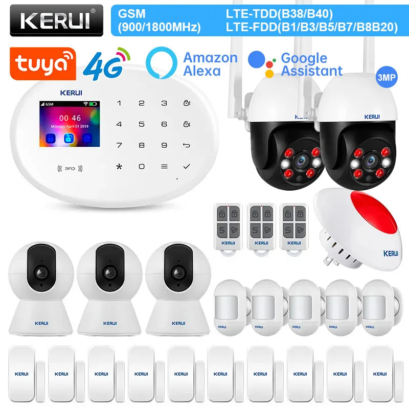 KERUI Alarm System Kit 4G GSM WIFI Tuya Smart Home Alarm Work With Alexa Google Assistant Security Camera Door Sensor Siren