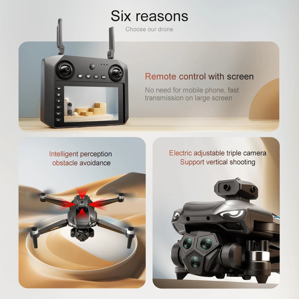 Drones with HD Three Cameras M33 360°Obstacle Avoidance Zoom Screen RC WIFI 20Min ESC  Brushless FPV Drone Toys