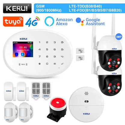 KERUI Alarm System Kit 4G GSM WIFI Tuya Smart Home Alarm Work With Alexa Google Assistant Security Camera Door Sensor Siren