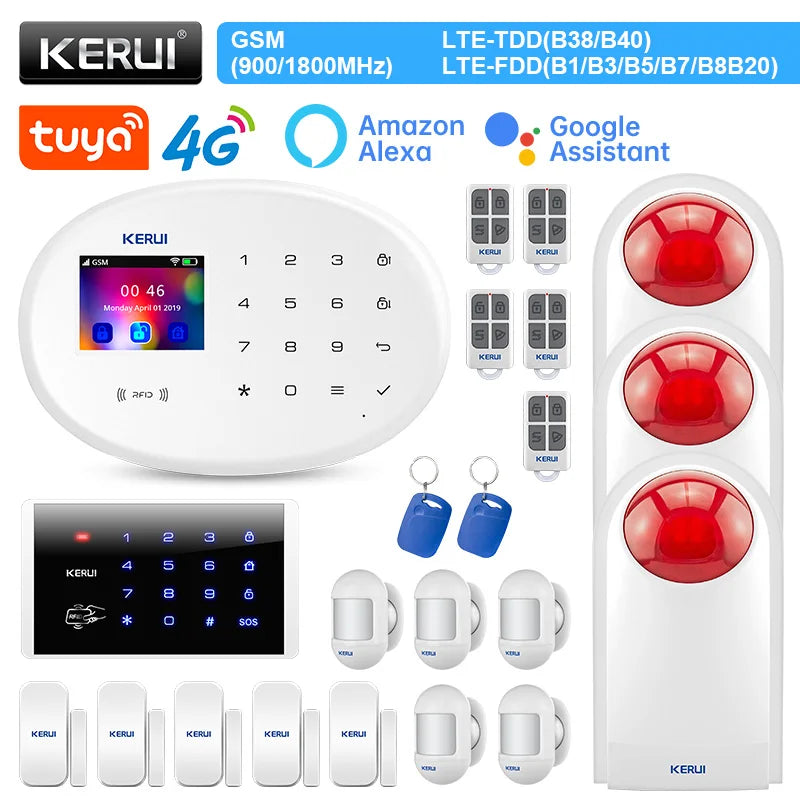 Zestaw alarmowy KERUI W204 4G GSM WIFI Tuya Smart Home Alarm Współpraca z Alexą Asystentem Google Kamera bezpieczeństwa Czujnik ruchu