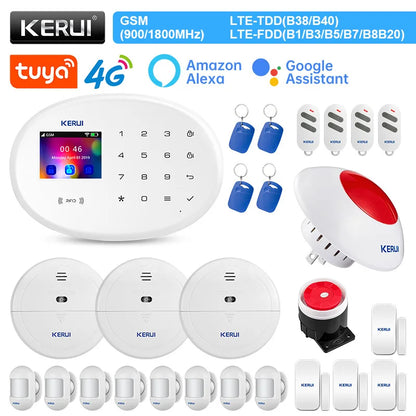 KERUI Alarm System Kit 4G GSM WIFI Tuya Smart Home Alarm Work With Alexa Google Assistant Security Camera Door Sensor Siren