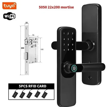 Electronic Smart Door Lock Tuya Wifi With Biometric Fingerprint / Smart Card / Password / Key Unlock/ USB Emergency Charge