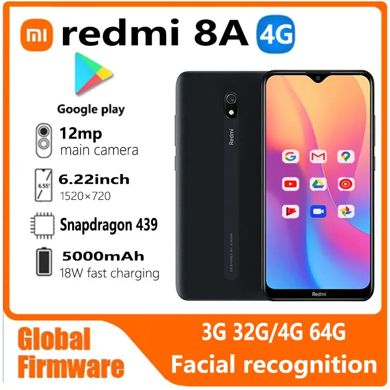 Xiaomi Redmi 8A smartfon 4G 64G Globalne oprogramowanie układowe 5000mAh 6,22 cala Snapdargon 439 12MP 18W Rozpoznawanie twarzy używany telefon