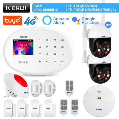 KERUI Alarm System Kit 4G GSM WIFI Tuya Smart Home Alarm Work With Alexa Google Assistant Security Camera Door Sensor Siren