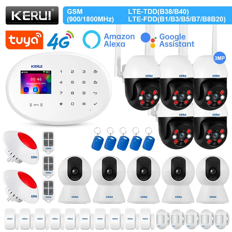 KERUI Alarm System Kit 4G GSM WIFI Tuya Smart Home Alarm Work With Alexa Google Assistant Security Camera Door Sensor Siren