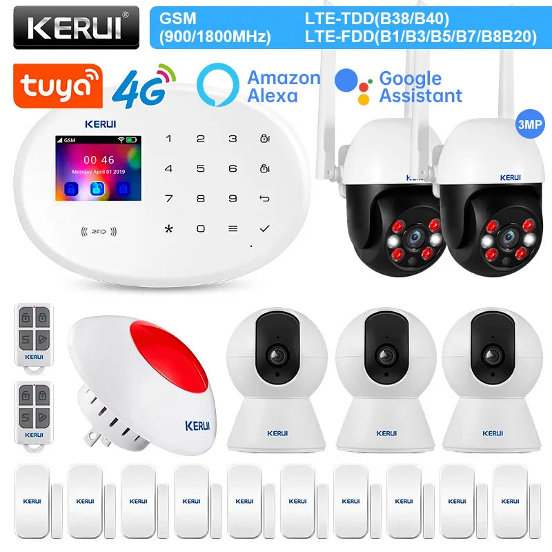 KERUI Alarm System Kit 4G GSM WIFI Tuya Smart Home Alarm Work With Alexa Google Assistant Security Camera Door Sensor Siren