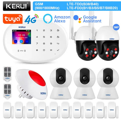 KERUI Alarm System Kit 4G GSM WIFI Tuya Smart Home Alarm Work With Alexa Google Assistant Security Camera Door Sensor Siren