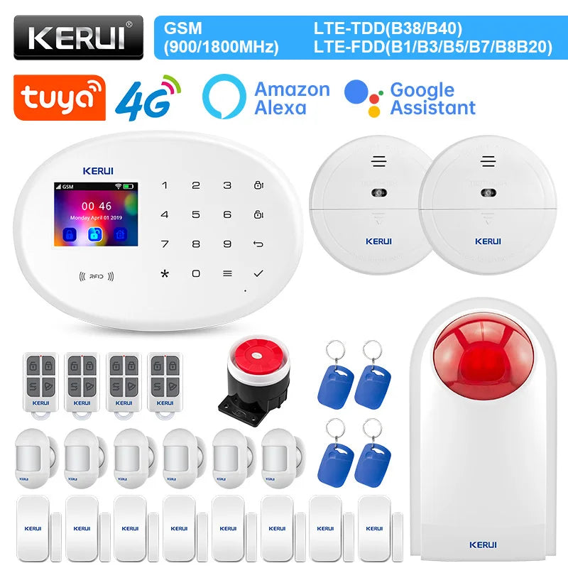 KERUI Alarm System Kit 4G GSM WIFI Tuya Smart Home Alarm Work With Alexa Google Assistant Security Camera Door Sensor Siren