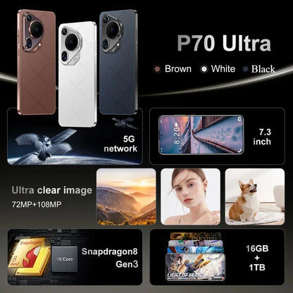 P70 Ultra Smartphone 7.3inch Global Version Android14 Original Mobile Phone Snapdragon 8 gen 3 Cell Phone 5G Dual Sim Cellphones