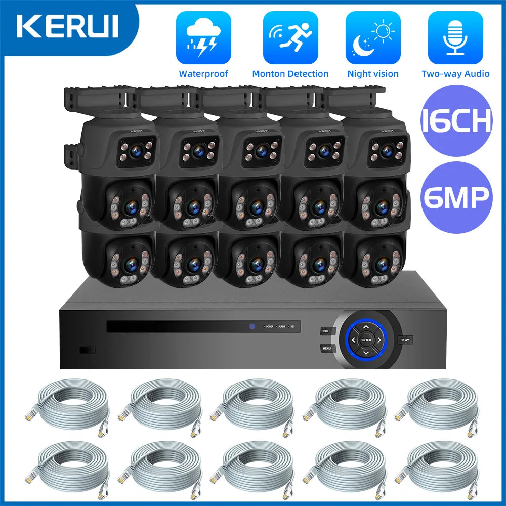 KERUI 3K 6MP Full HD Dual Lens PTZ WIFI IP Camera 16CH POE NVR Surveillance Camera System Home Security H.265 CCTV Video