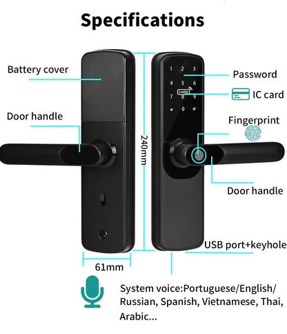 Electronic Smart Door Lock Tuya Wifi With Biometric Fingerprint / Smart Card / Password / Key Unlock/ USB Emergency Charge